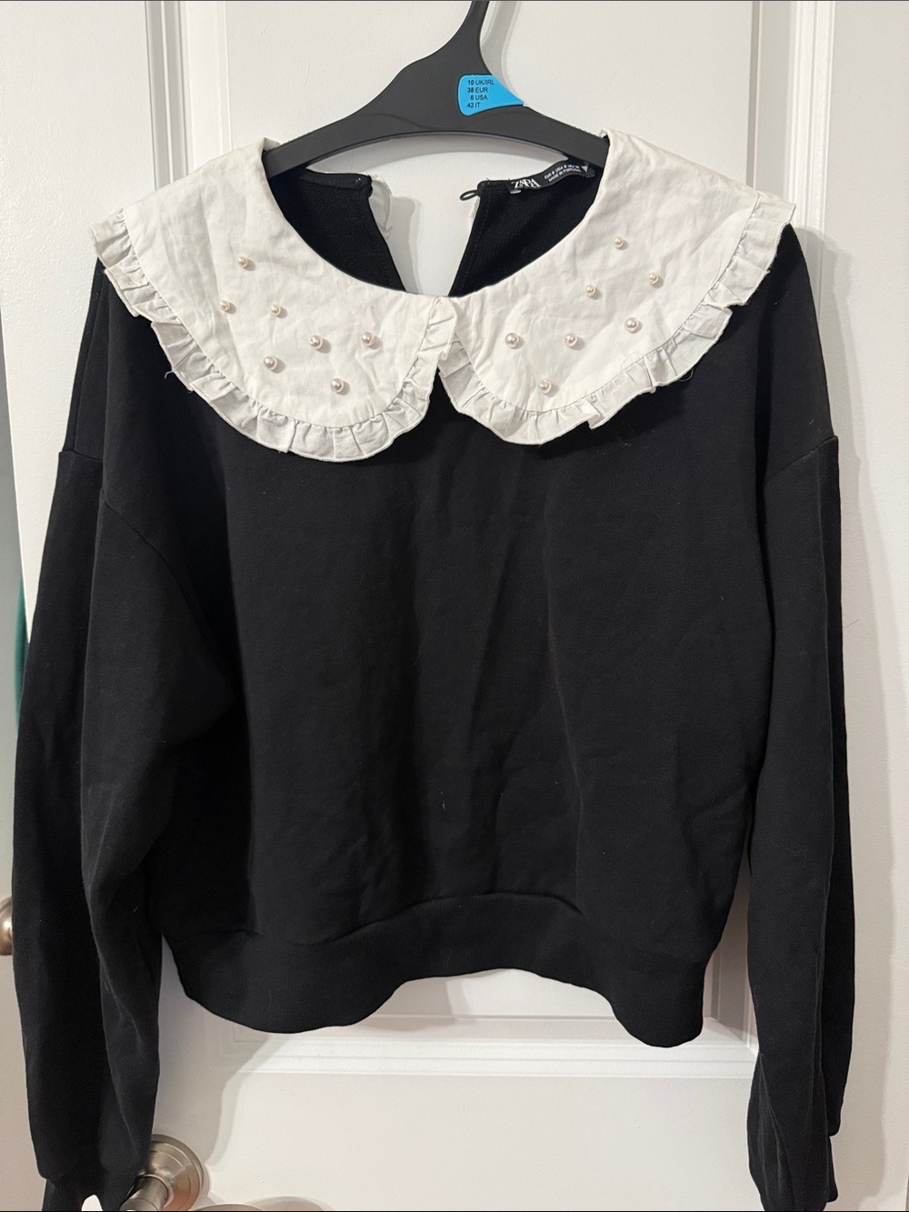 Zara Black Sweatshirt with Pearl-Studded White Ruffled Collar